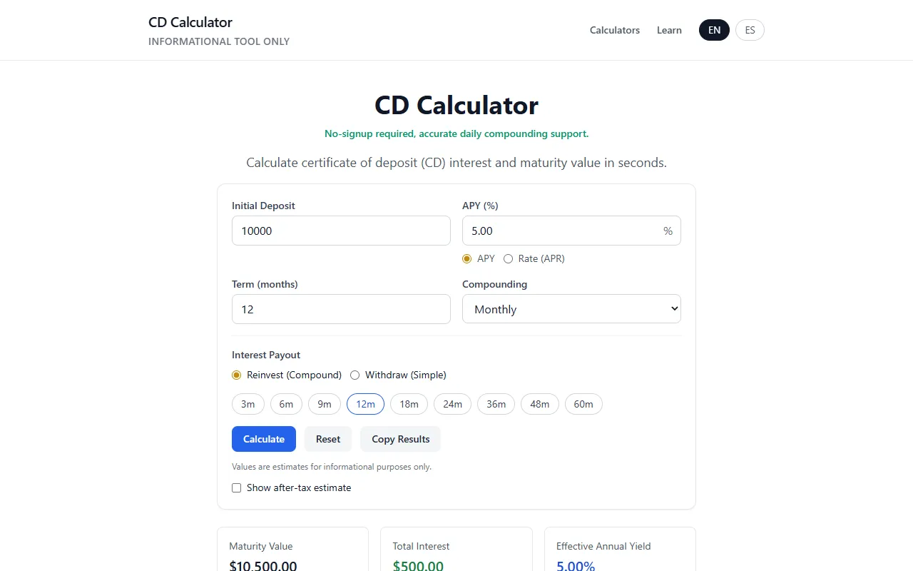 CD Calculator (mycdcalc.com) screenshot
