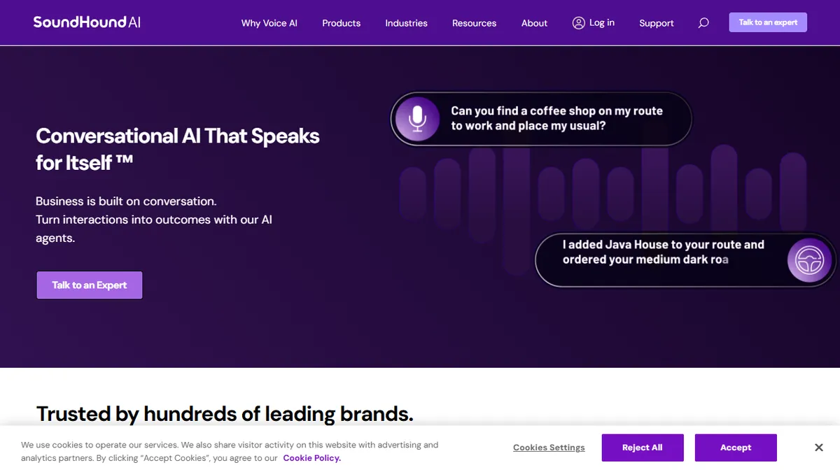 SoundHound's homepage showcasing their latest voice AI technologies.